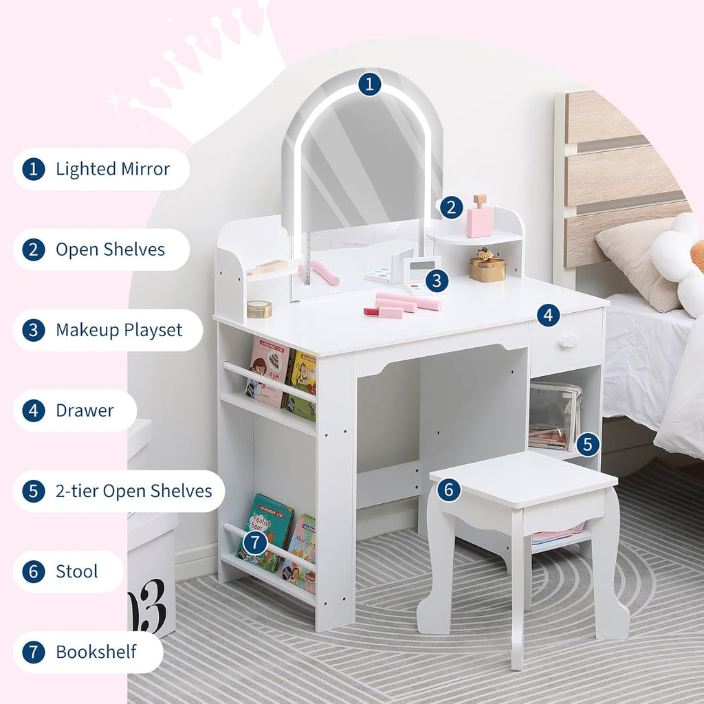 Garvee Kids Vanity with Lighted Mirror & Stool, Little Girls Vanity and Wooden Makeup Playset with Adjustable LED Light, Bookshelf, Storage Drawer & Shelves for Girls 3-9, White