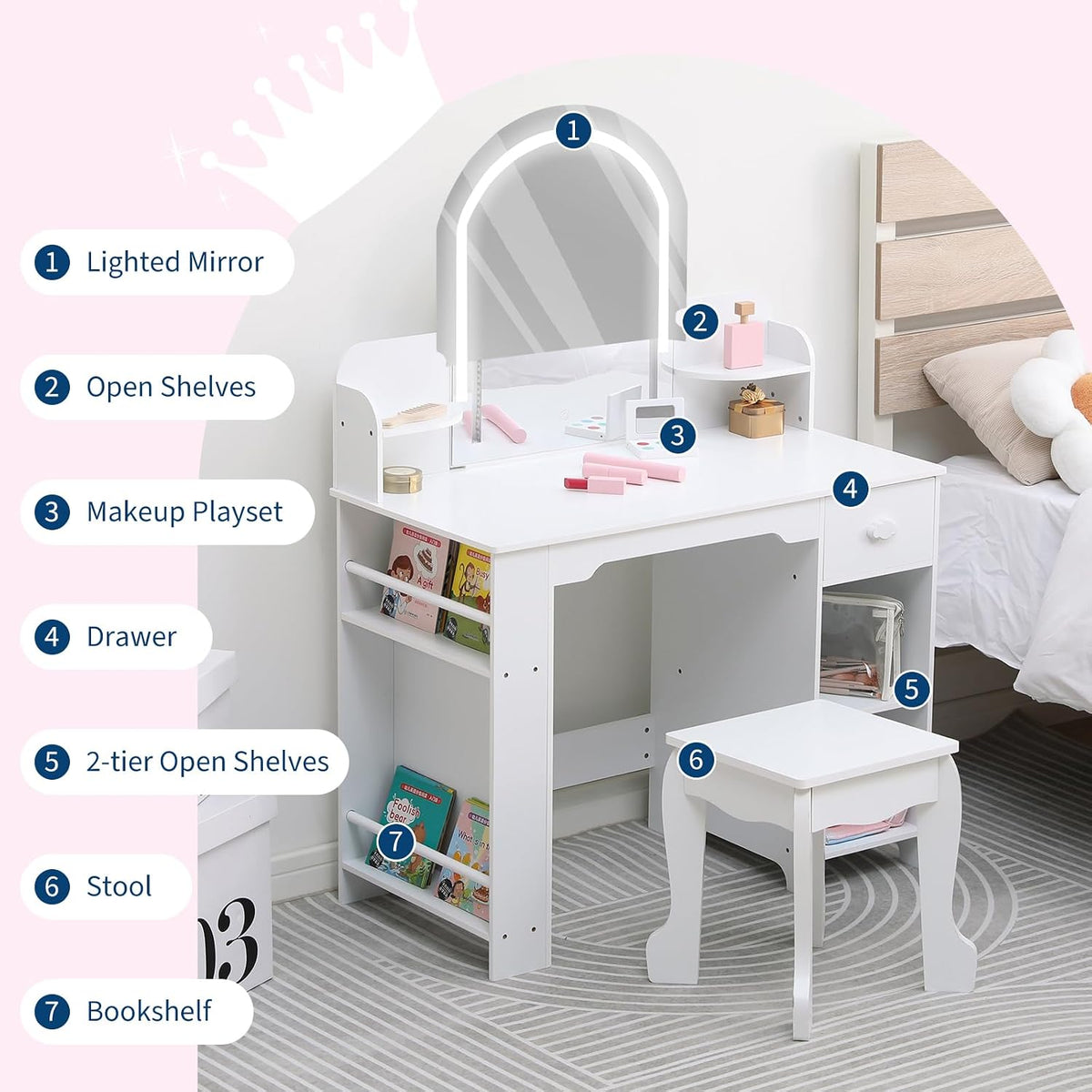 Garvee Kids Vanity with Lighted Mirror & Stool, Little Girls Vanity and Wooden Makeup Playset with Adjustable LED Light, Bookshelf, Storage Drawer & Shelves for Girls 3-9, White