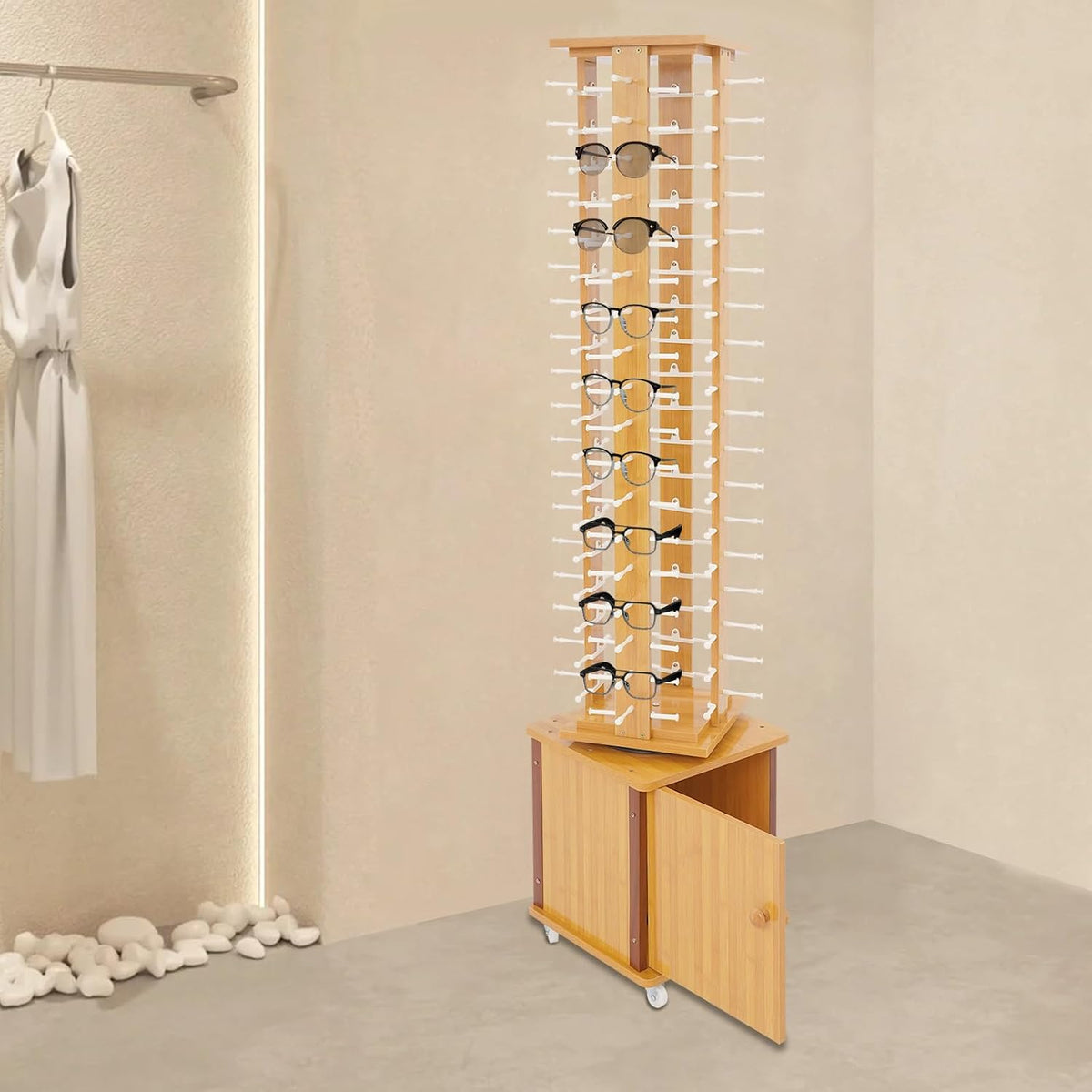 72-Pair Eyeglass Display Rack, Floor-Standing Rotating Glasses Storage Display Stand with Wood Frame, Storage Cabinet & Swivel Wheels for Retail Eyewear Organization