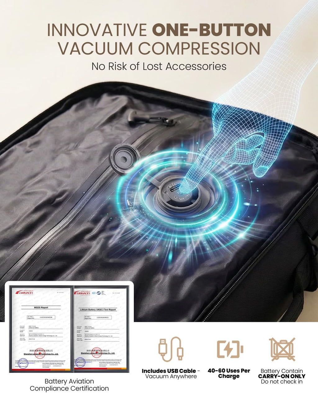 Fanwoli Rolling Vacuum Backpack Travel with One-Button Compression, 55L Expandable, Water Resistant Carry-On Suitcase Luggage, Ideal for Outdoor/Family/Trips