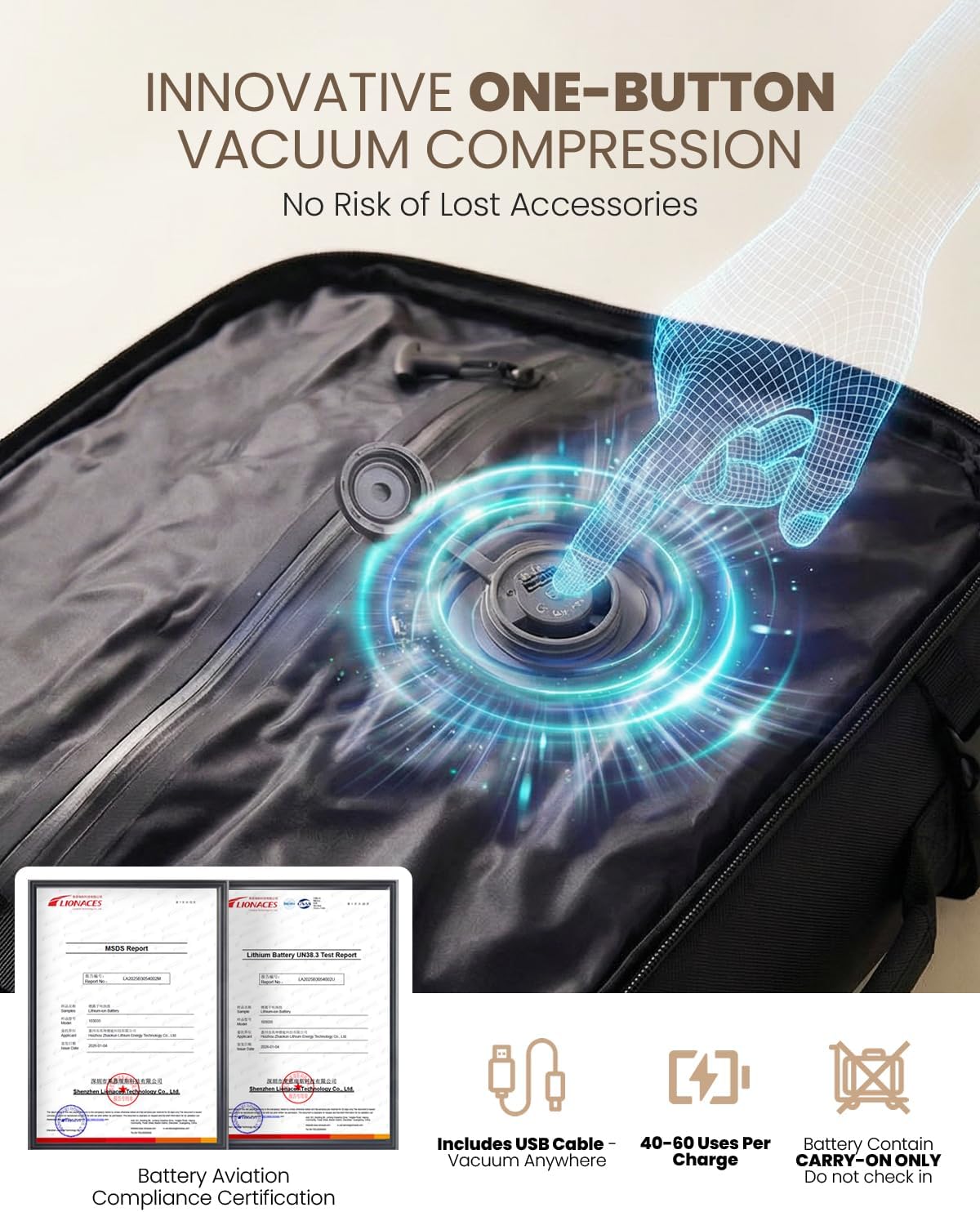 Fanwoli Rolling Vacuum Backpack Travel with One-Button Compression, 55L Expandable, Water Resistant Carry-On Suitcase Luggage, Ideal for Outdoor/Family/Trips