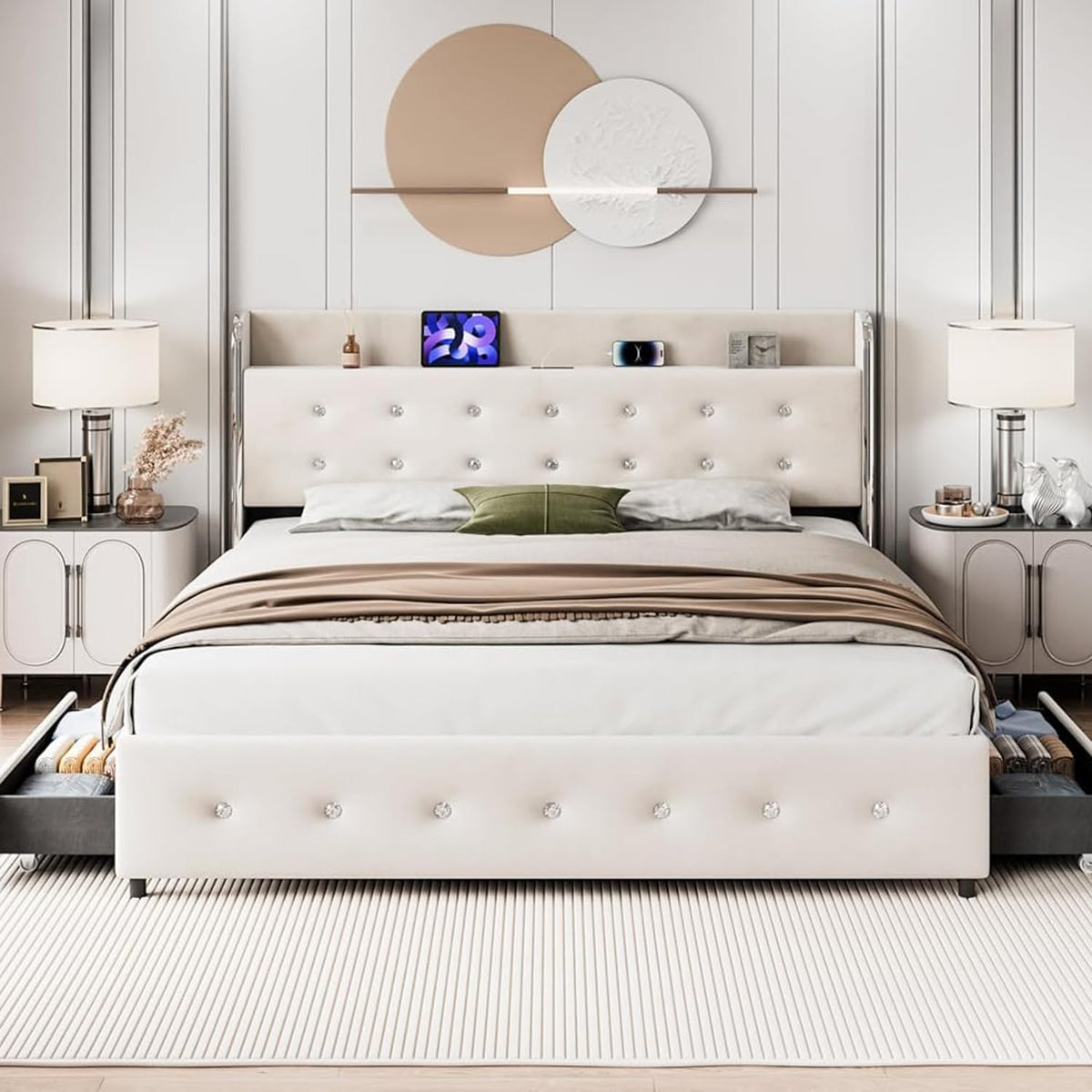 GarveeHome Full Size Bed Frame with Storage Headboard& Charging Station, Velvet Upholstered Full Size Platform Bed Frame with 4 Drawers&Wooden Slat Support, Noise Free Design, Easy to Assemble, Beige