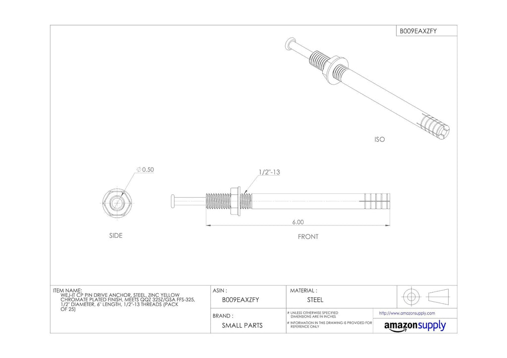 Wej-It Strike-It CP1243 Pin Drive Anchor, Steel, Yellow Dichromate Finish, Meets GSA FFS-325 Group II Type 4 Class 1, 1/2' Diameter, 4-3/4' Length (Pack Of 25)