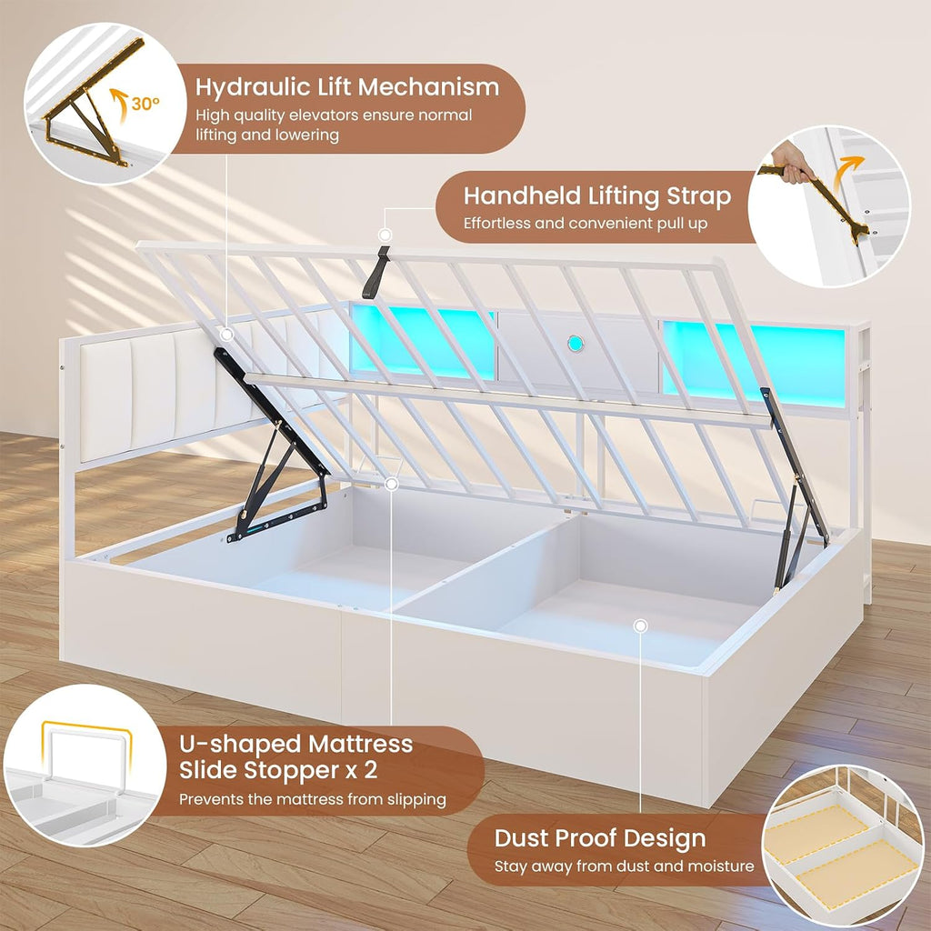DICTAC Corner Full Bed Frame with Hydraulic Storage,Charging Station & Led Lights Corner Lift up Bed with Storage Drawers & Upholstered Headboard & Bookcase,Full Size Daybed for Teen/Adult,White