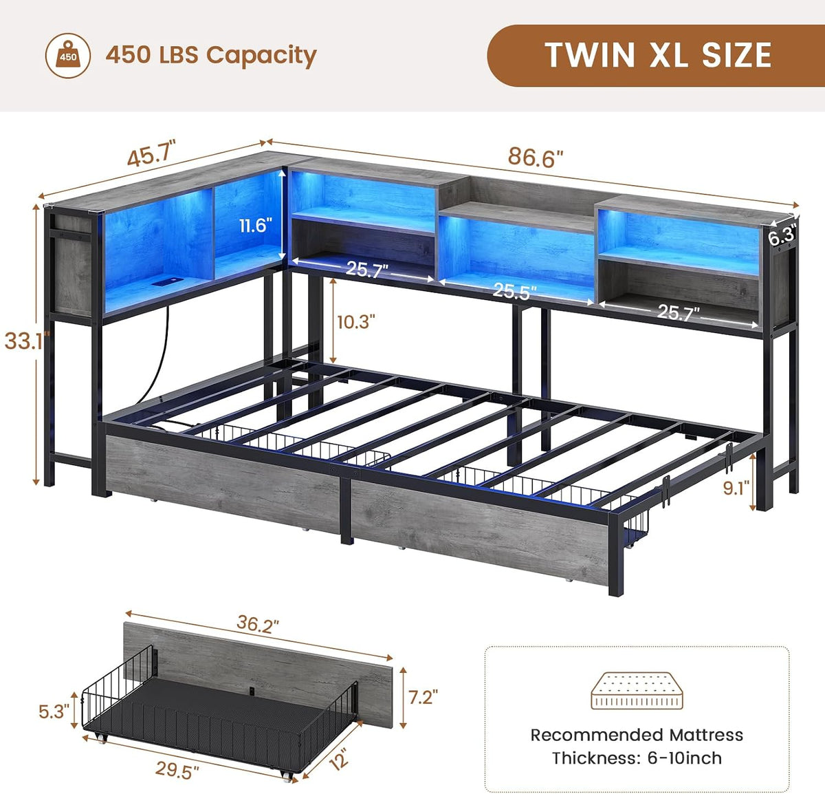 Hasuit Corner Bed Frame Twin XL with 2 Drawers and Storage Bookcase, Daybed with Charging Station and LED Lights, Metal Platform Bed with Bookshleves,Twin XL Bed Frame for Kids Teens Guests, Oak Gray