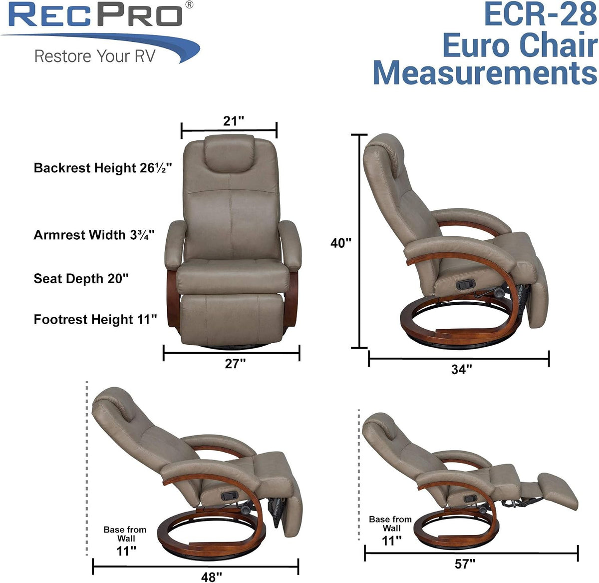 RecPro Nash 28' RV Euro Chair Recliner | Modern Design | RV Furniture | Swivel Base | Recliner Chair (2 Chairs, Mahogany)