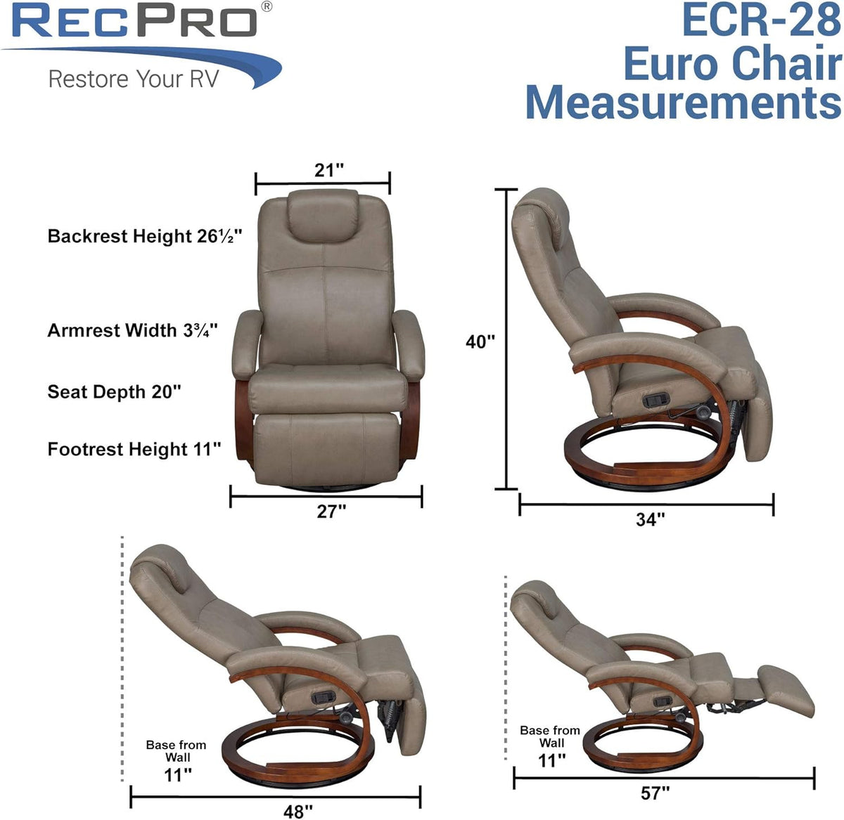 RecPro Nash 28' RV Euro Chair Recliner | Modern Design | RV Furniture | Swivel Base | Recliner Chair (1 Chair, Putty)