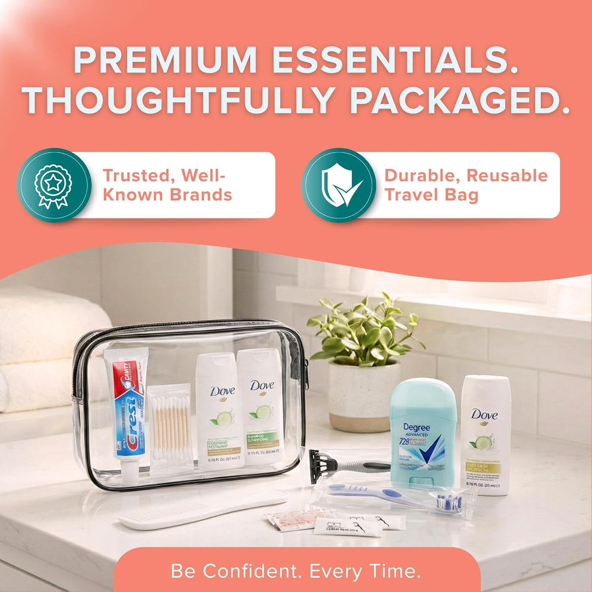 Women's 12 Piece Travel Hygiene Kit, Travel Size Toiletries Set with Cosmetic Bag, Carry On Essentials for Flights, Weekend Overnight Stay, Emergency Kit (100 Pack)