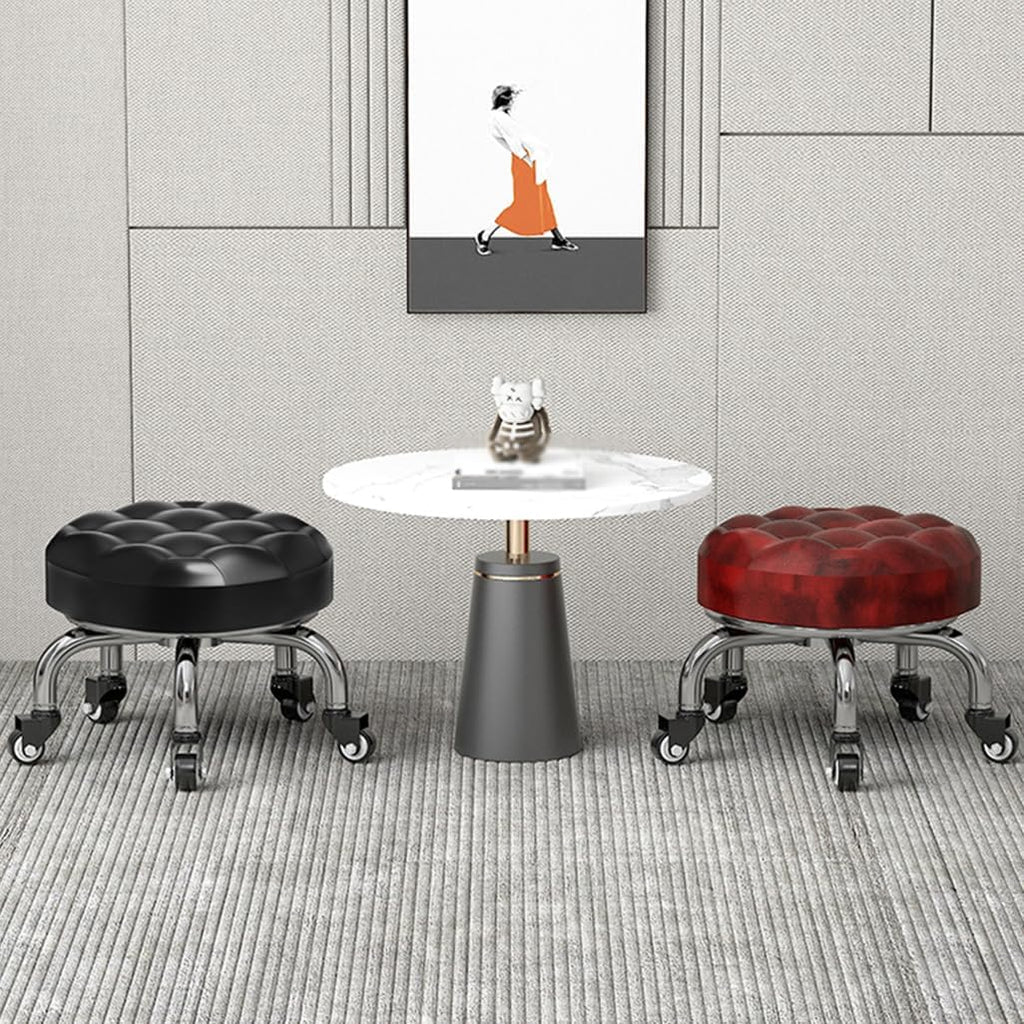 Heavy-Duty Low Roller Stool with 360° Swivel Wheels, Ottoman Footstool, Low-Height Short Rolling Stool Seat, PU Leather Small Mechanic Chair, Rolling Stools for Garage, Shop, Library Brown