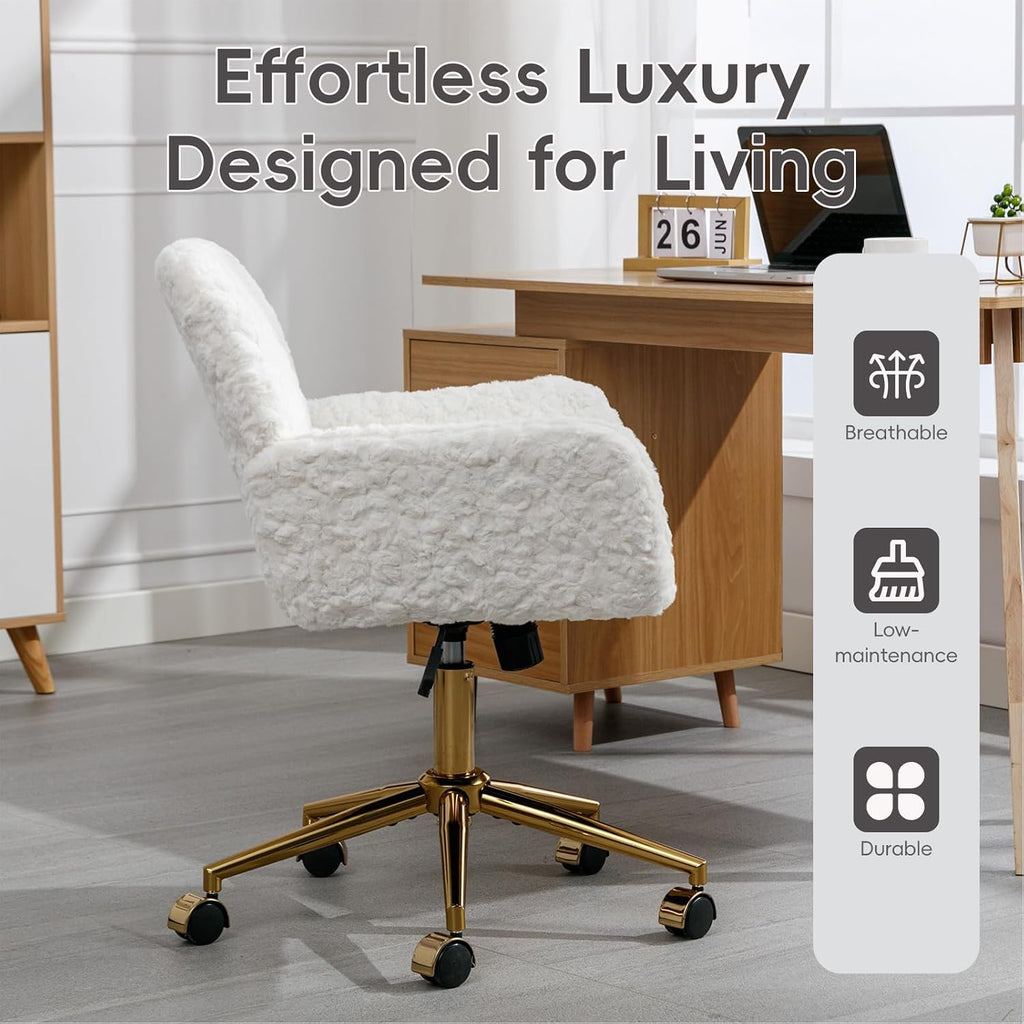Plush Faux Fur Desk & Vanity Chair with Gold Base – Comfy Adjustable Girls Desk Chair, Makeup Chair, 360° Swivel, Tilt Backrest, Rolling Wheels – Modern Chic Home Office Seating,White