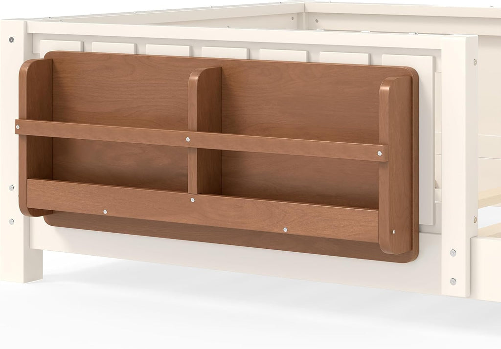 Bellemave Twin Size Montessori Floor Bed with Rails and Slats, Twin Size Floor Bed with Bookshelf and Fence, Low Profile Montessori Beds Frame for Girls, Boys, Beige