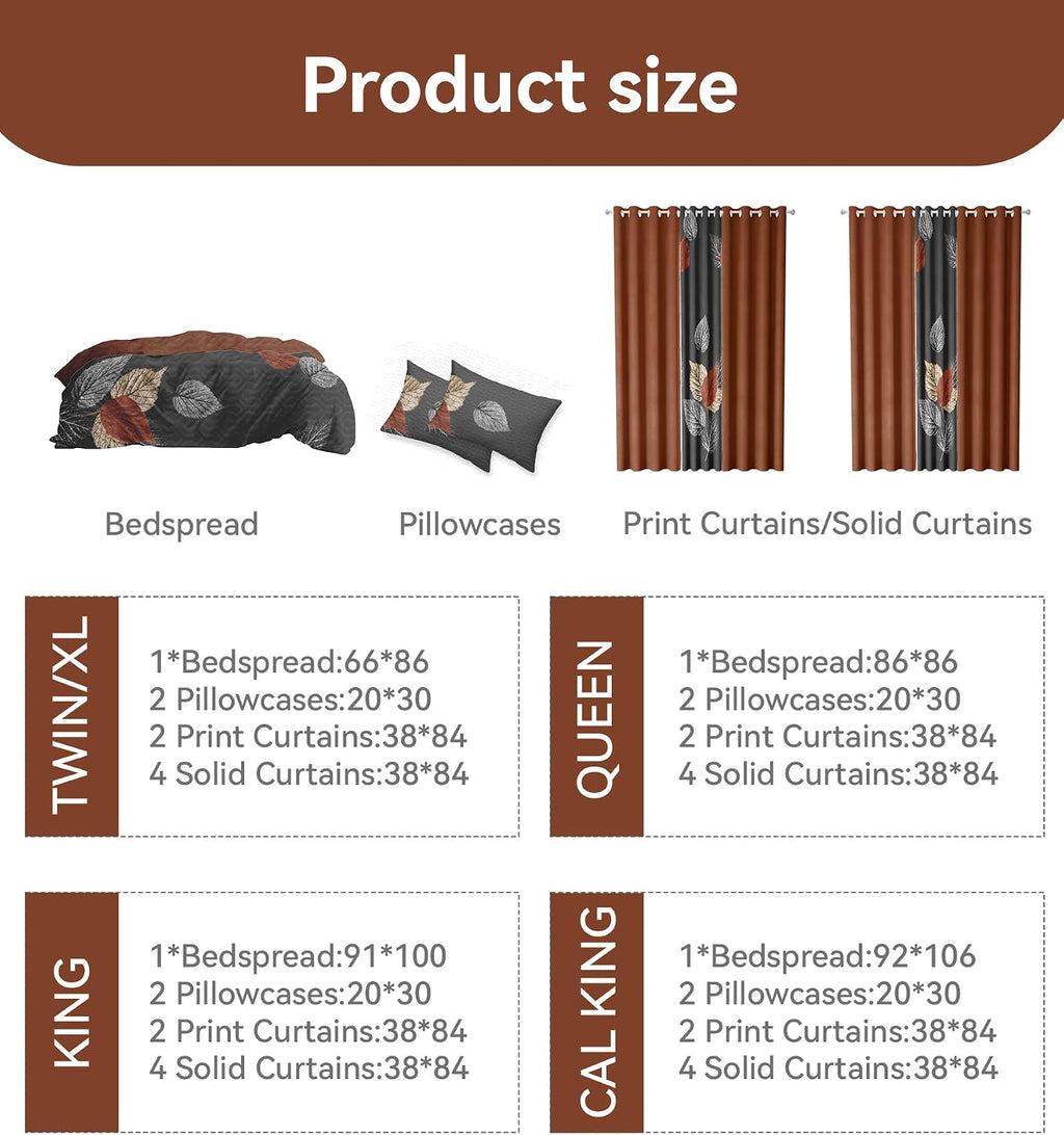 9 Pcs Cal King Bed in a Bag with Curtains | Boho Brown Leaf Bedspread, Pillowcases, Print & Solid Curtains | Microfiber, Moisture-Wicking | Bedspread and Curtain Sets | RV & Outdoor Ready