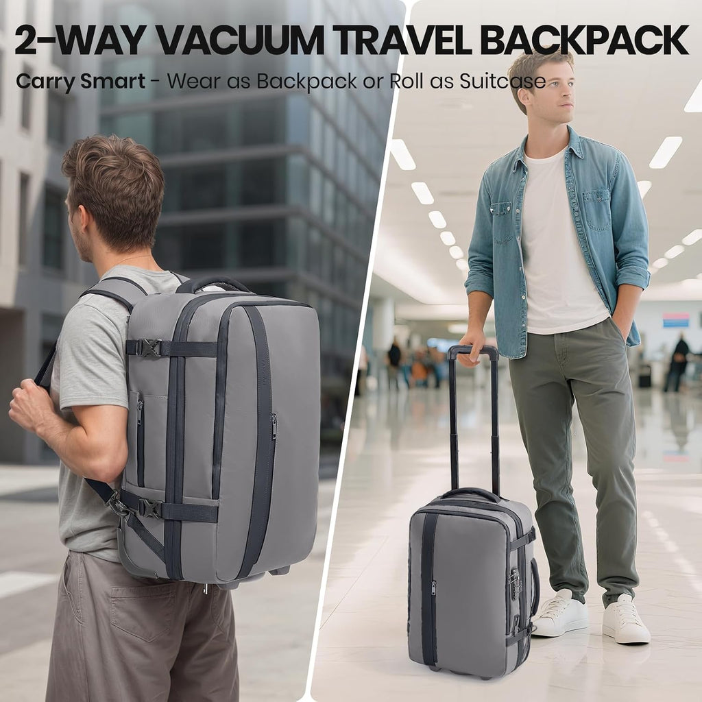Fanwoli Vacuum Rolling Travel Backpack, Carry On Luggage with TSA Lock & Anti Theft Zipper, 70L Expandable Airbag Backpack with Compression Pump, Waterproof Laptop Bag Ideal for Flight & Business,Grey