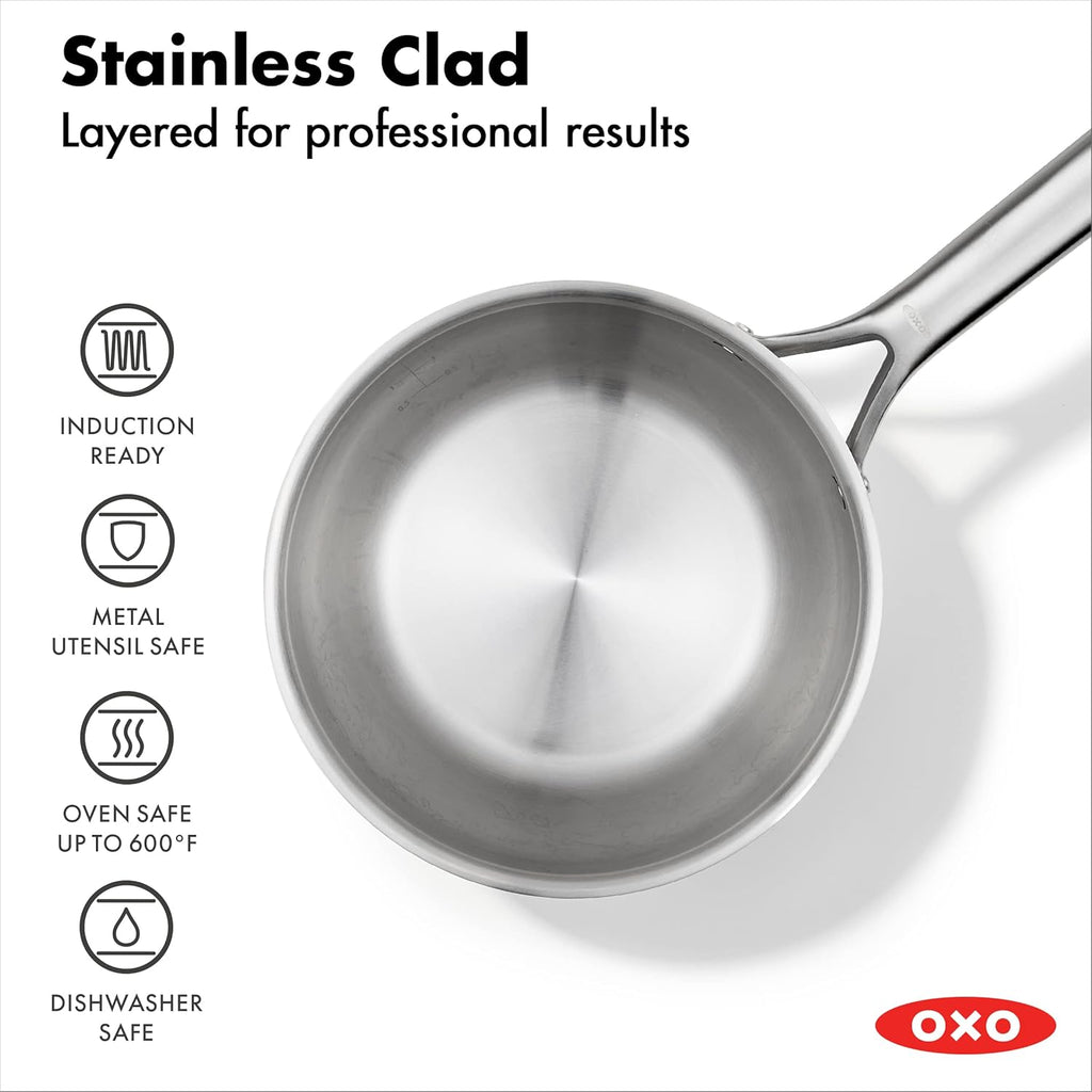 OXO Mira Tri-Ply Stainless Steel, 1.5QT and 3.57QT Chef's Pan Set with Lids, PFAS-Free, Multi Clad, Induction, Dishwasher Safe, Oven Safe, Silver
