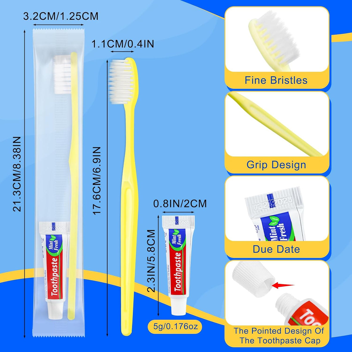 Yellow Disposable Toothbrushes with Toothpaste - Pack of 1000,Individually Wrapped Single Use Travel Toothbrushes Kit Bulk for Homeless,Guests,Hotel,Dentist