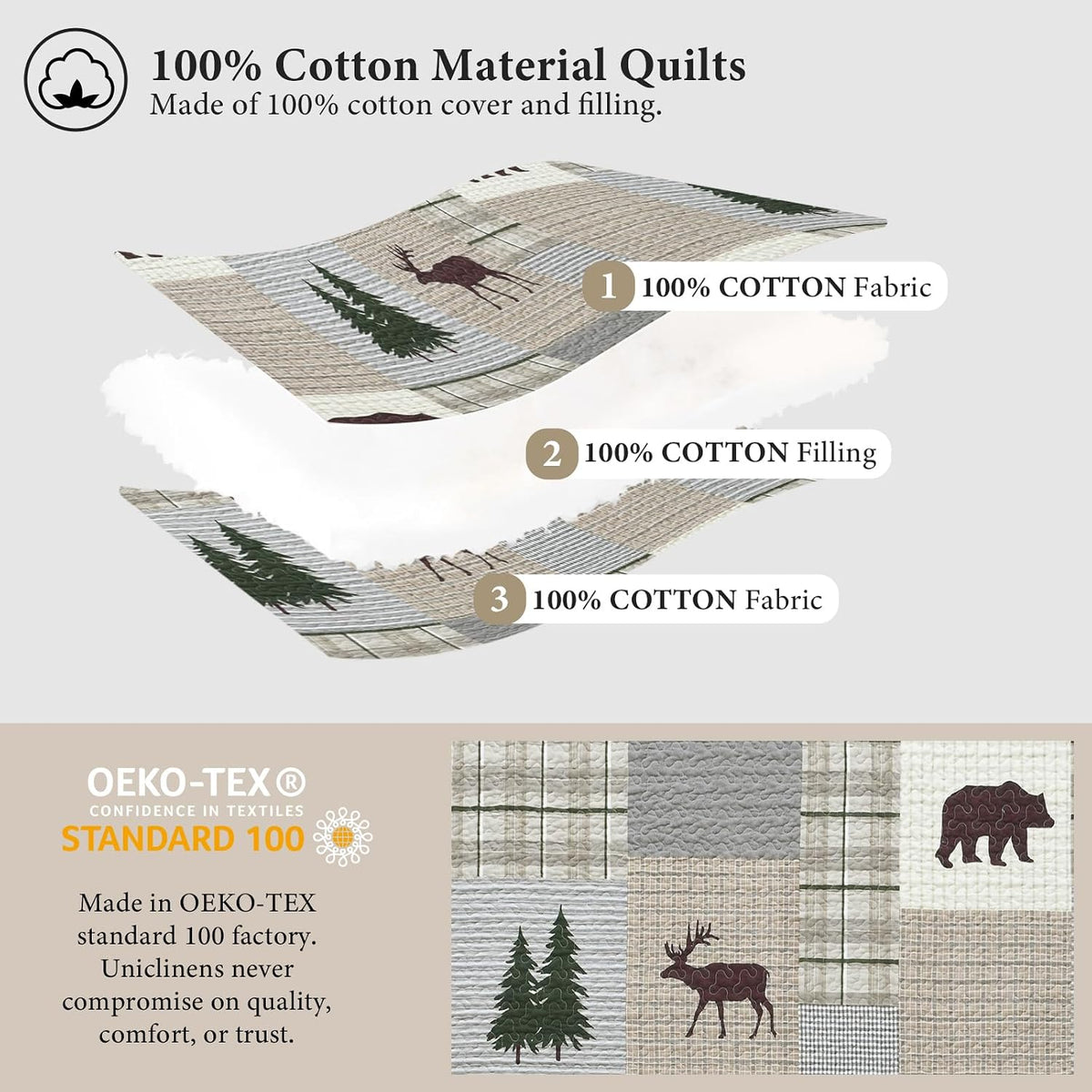 Uniclinens Quilt Set King Size, 100% Cotton Quilted Quilt Bedding Set Bedspread, Bear Tree Elk Farmhouse Rustic Quilt, Patchwork Plaid Comforter Set, 3 Pieces Set with 2 Pillowshams, Brown/Grey/Green