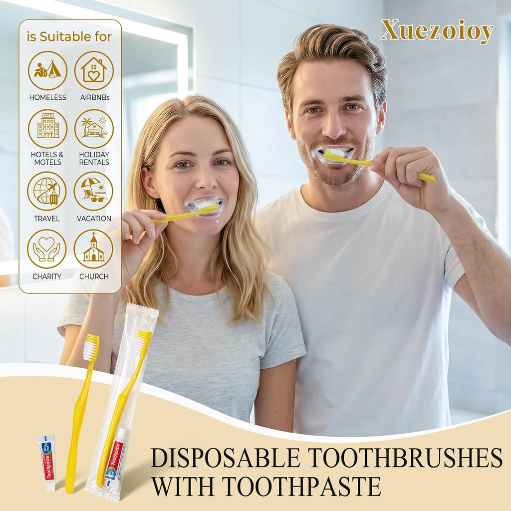 Disposable Toothbrushes with Toothpaste,1000 Pack Yellow Hollow Individually Wrapped Disposable Travel Toothbrushes Kit in Bulk for Homeless,Nursing Home,Hotel,Charity