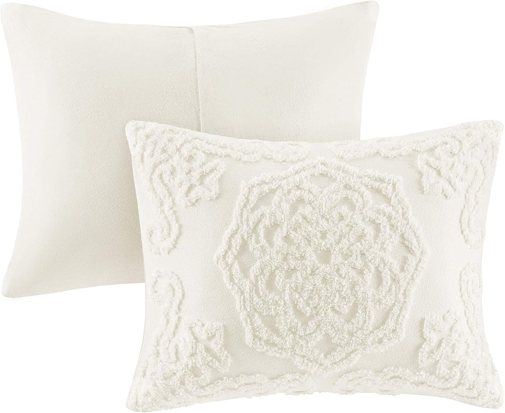 Madison Park Laetitia Comforter Bohemian Tufted Cotton Chenille, Medallion Shabby Chic All Season Down Alternative Bed Set with Matching Shams, Floral Off White Full/Queen(90'x90') 3 Piece