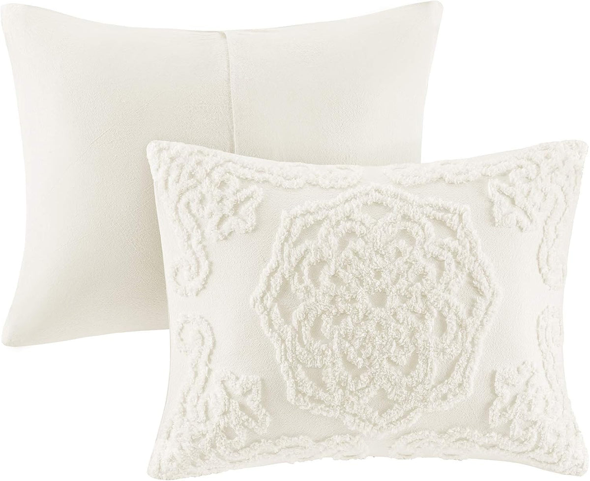 Madison Park Laetitia Comforter Bohemian Tufted Cotton Chenille, Medallion Shabby Chic All Season Down Alternative Bed Set with Matching Shams, Floral Off White Full/Queen(90'x90') 3 Piece