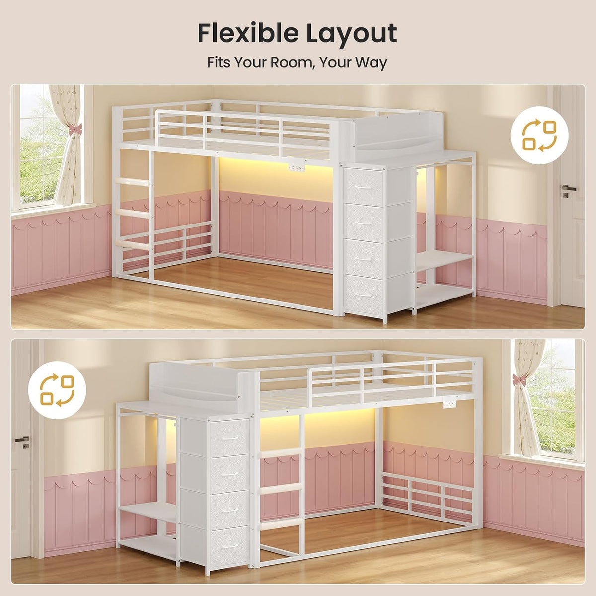 ADORNEVE Low Bunk Bed Twin Over Twin with Bookshelf, 4 Storage Drawers, Metal Kids Bunk Bed with Power Outlet & RGB Lights, Clothing Rack & Shelves, Safety Guardrail & Ladder, White