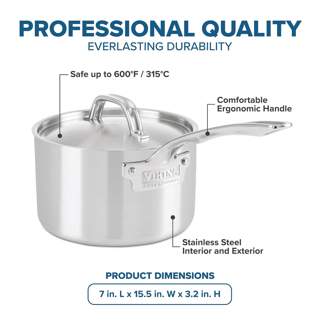 Viking 5-Ply Stainless Steel Sauce Pan with Lid, 3 Quart Cooking Pot, Dishwasher and Oven Safe, Induction Ready, Satin Finish