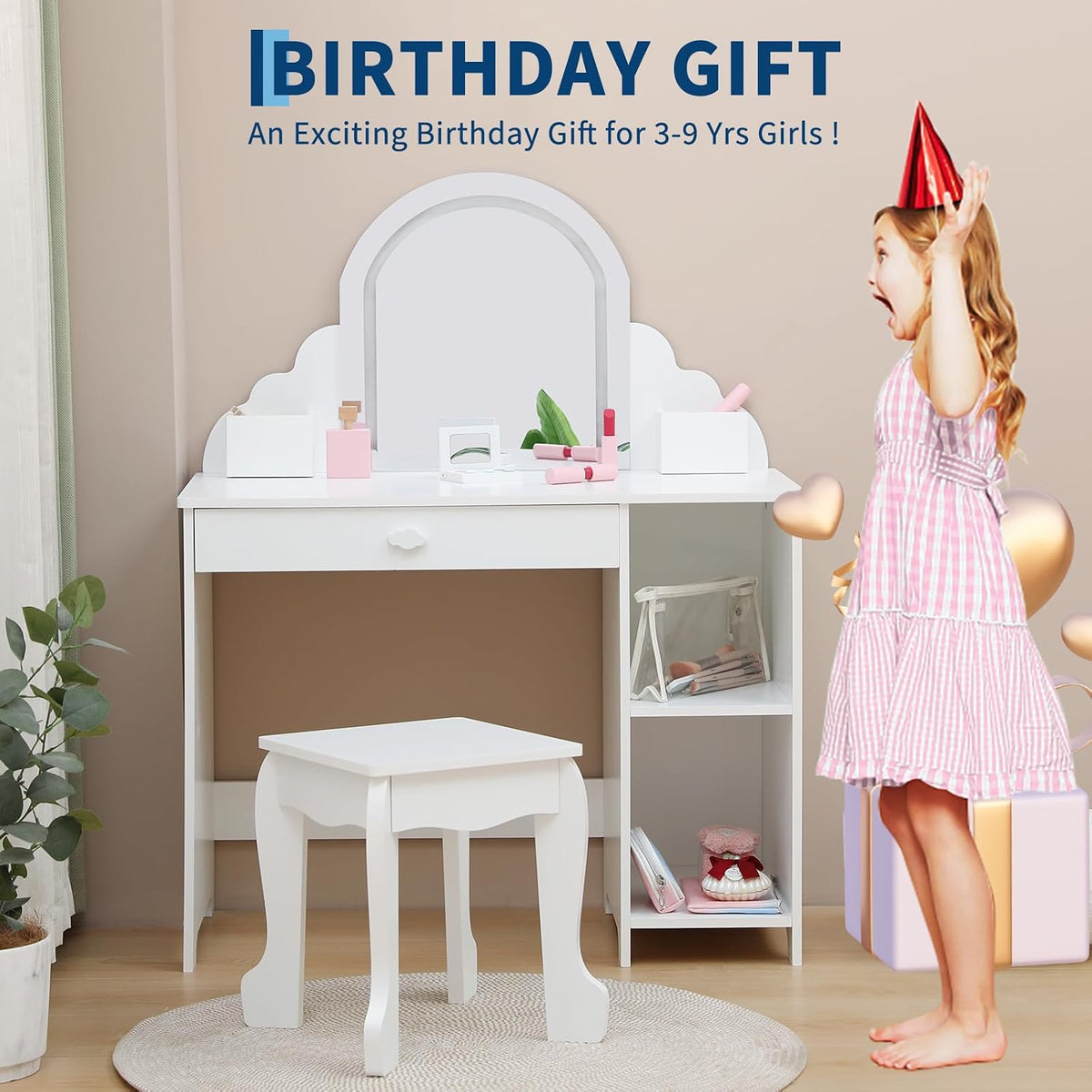 Garvee Kids Vanity with Lighted Mirror & Stool, Little Girls Vanity and Wooden Makeup Playset with Adjustable LED Light, Storage Drawer & Shelves for Girls 3-9, White