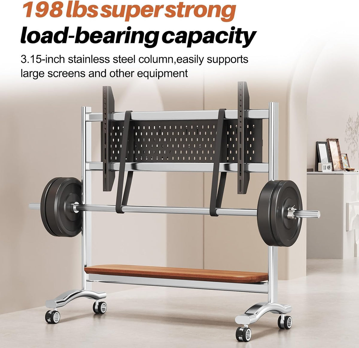 Heavy Duty Mobile TV Stand Easel Rolling TV Cart with Wheel for 65-110 Inch, Stainless Steel Portable Floor TV Stand on Wheels with Storage Pegboard Hold Up to 198 Lbs Max VESA 1200x600mm