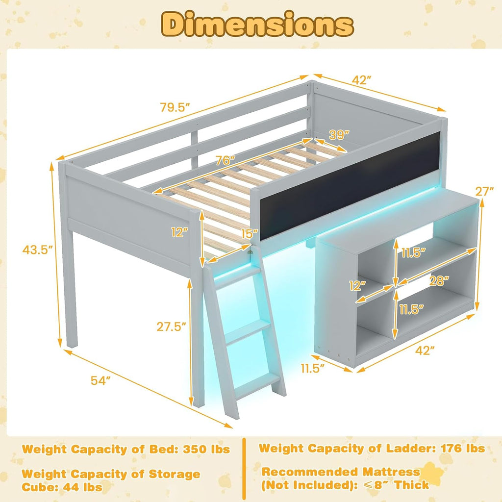 Giantex Low Loft Bed with LED Lights, Twin Size Bed Frames for Kids w/Chalkboard, Removable Bookcase & Under-Bed Storage Space, Wood Loft Beds with Stairs, Safety Guardrail for Girls Boys (Grey)