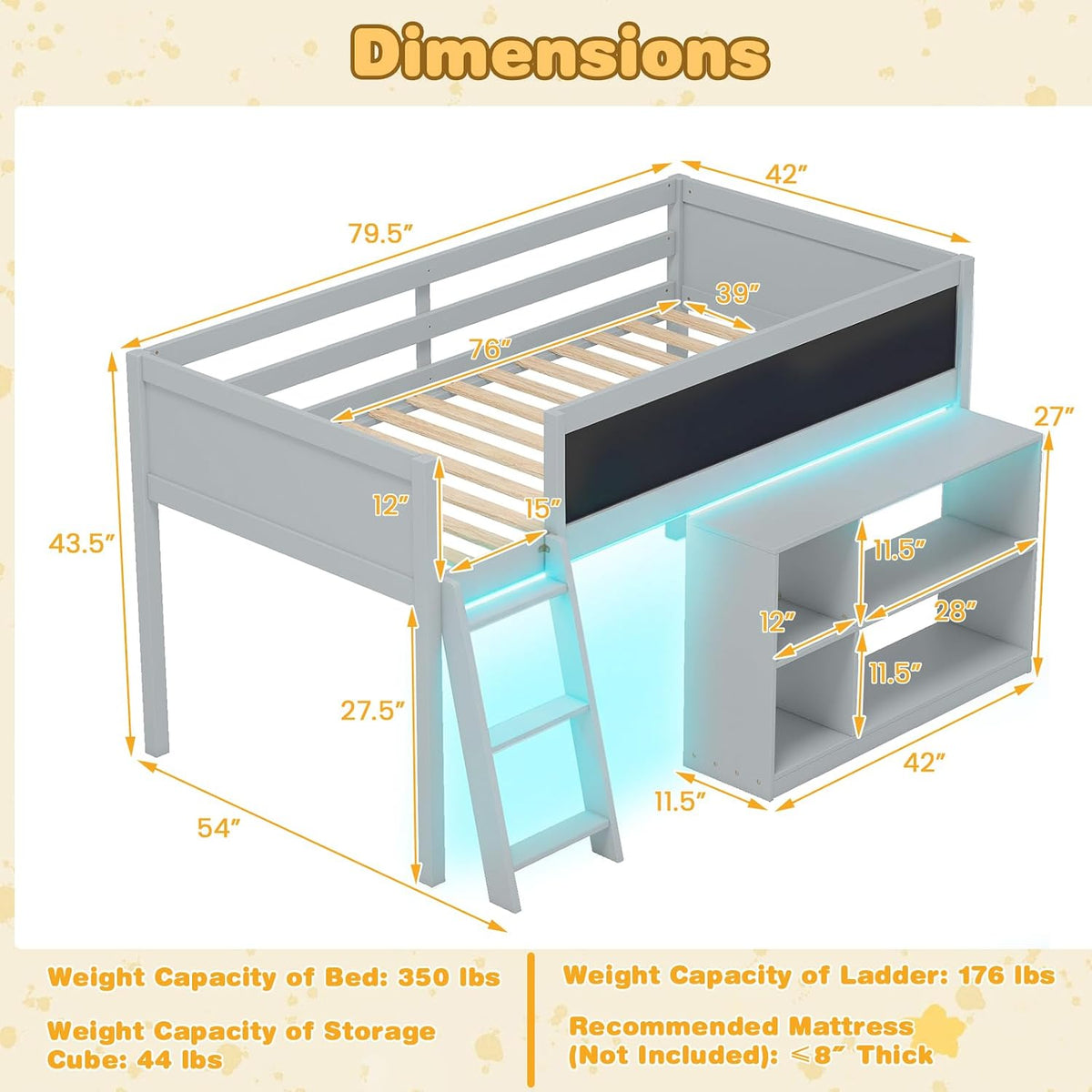 Giantex Low Loft Bed with LED Lights, Twin Size Bed Frames for Kids w/Chalkboard, Removable Bookcase & Under-Bed Storage Space, Wood Loft Beds with Stairs, Safety Guardrail for Girls Boys (Grey)