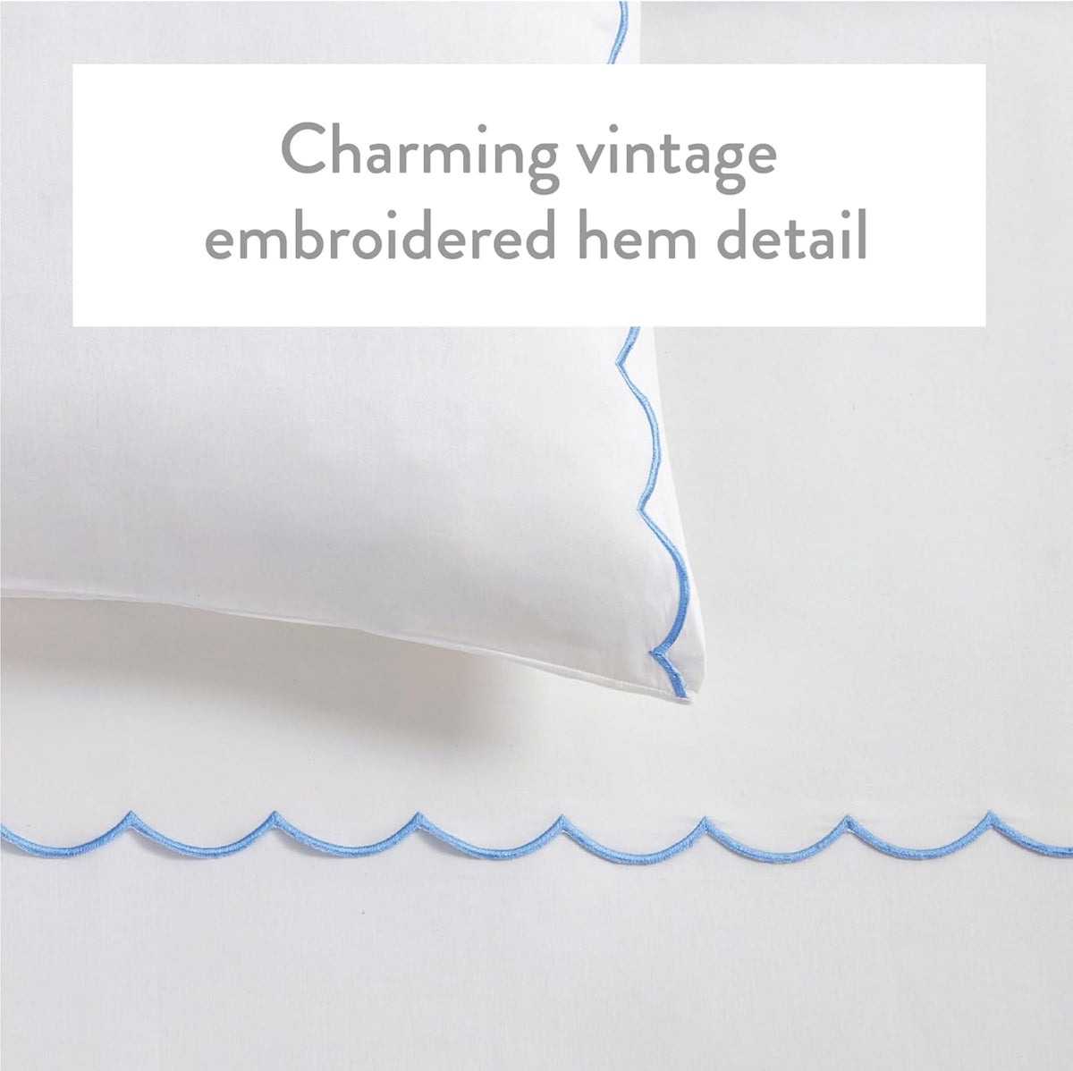 Peri Home Queen Size Sheet Set, 4 Piece Bed Sheets, Breathable Soft 300 TC 100% Cotton with Embroidered Scalloped Edge, 1 Flat Sheet, 1 Fitted, 2 Pillowcases, Queen, White with Blue Scallop