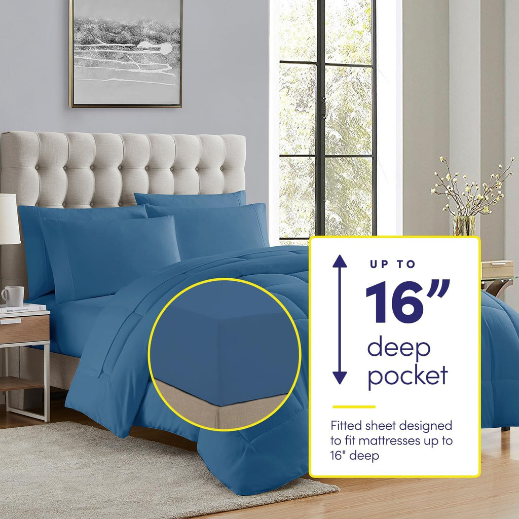 Sweet Home Collection 5 Piece Comforter Set Bag Solid Color All Season Soft Down Alternative Blanket & Luxurious Microfiber Bed Sheets, Denim, Twin (Pack of 4)