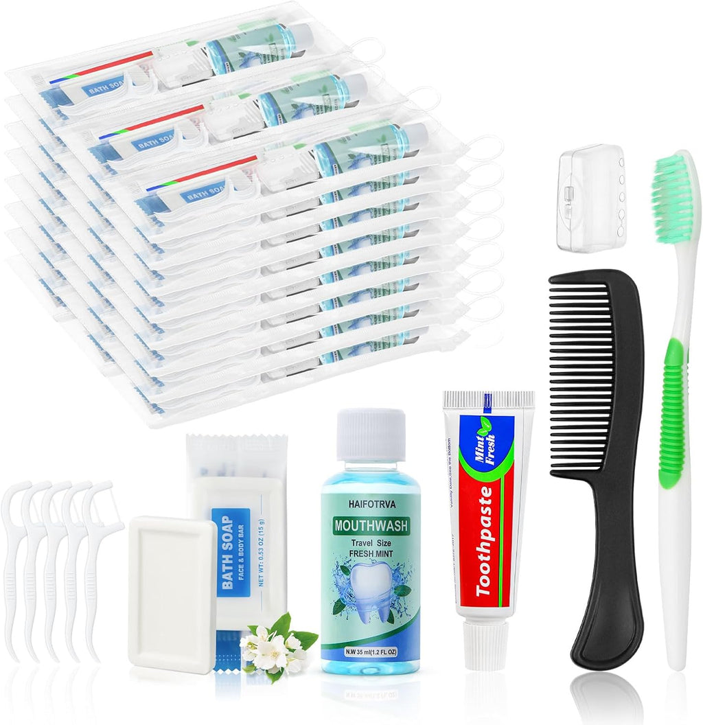100 Set Personal Care Travel Toiletries Sets Bulk,8-IN-1 Disposable Toothbrushes with Toothpaste and Floss,Mouthwash,Comb,Soap,Cover,Zip Bag Toiletry Travel Toothbrush Kit for Homeless,Hotel,Charity
