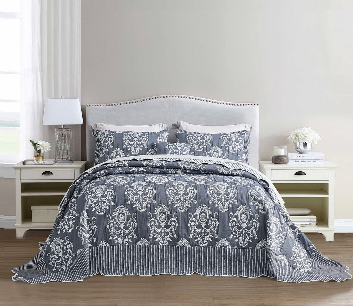 HZ & HY Oversized King Bedspread, Jacquard Matelasse Damask Pattern Design, Lightweight, Reversible, 5 Piece, 100% Microfiber, Dark Blue