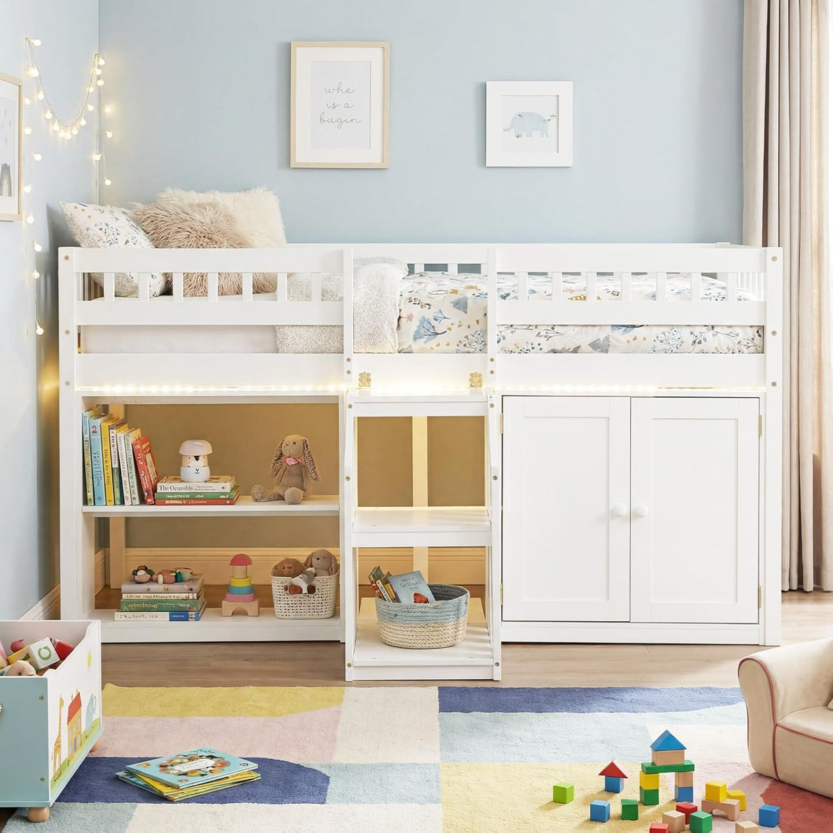 Giantex Low Loft Bed Twin Size with LED Lights, Wooden Bed Frame w/Stairs, Safety Guardrails, Storage Cabinet, Bookshelf & Under-Bed Play Space, Modern Kids Loft Bed for Boys Girls (White)