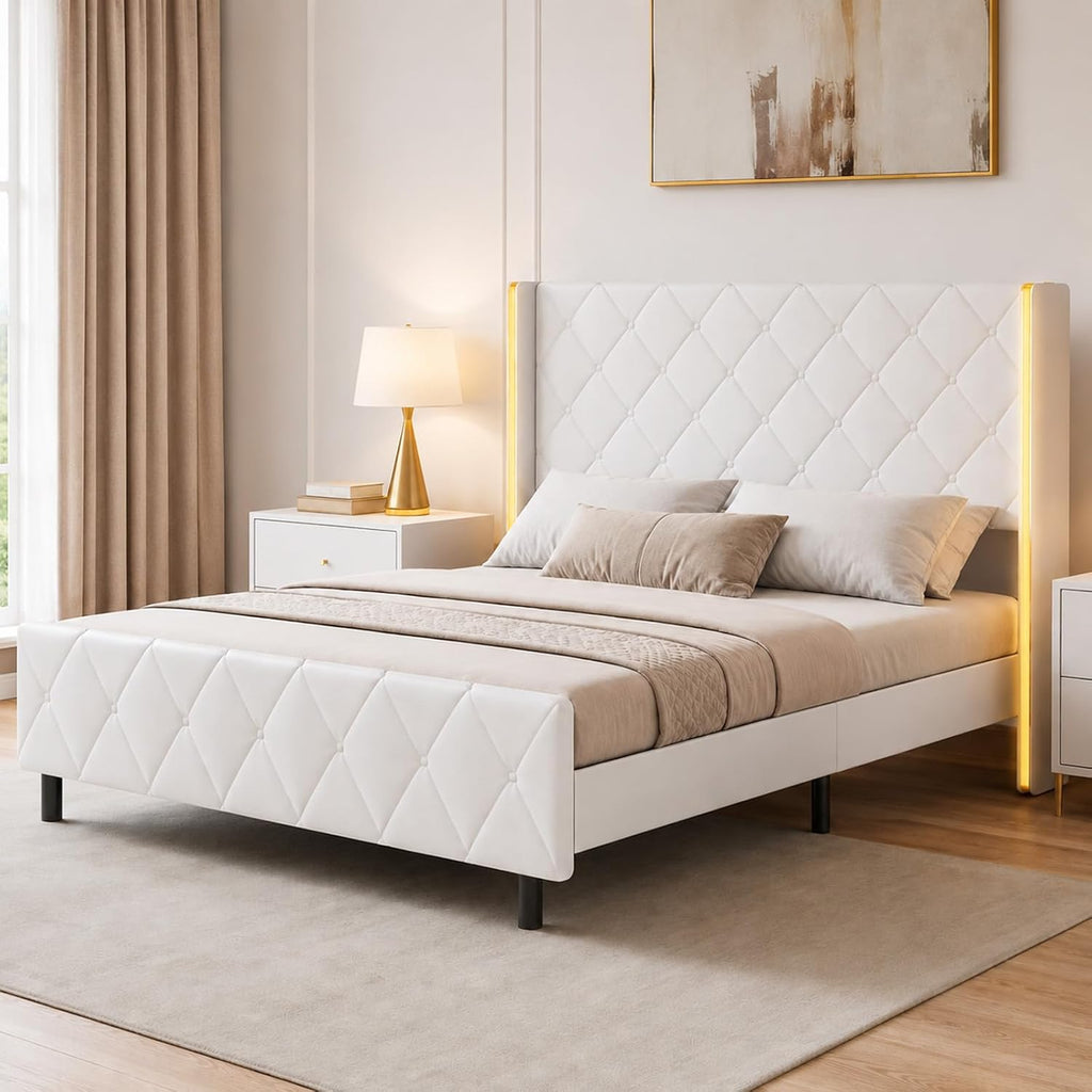 Queen Bed Frame with Headboard, Upholstered Bed Frame Queen Size with Diamond Tufted Wingback Headboard, Faux Leather, 800lbs Heavy Duty Support, Gold Metal Edge Accents, No Box Spring Needed, White