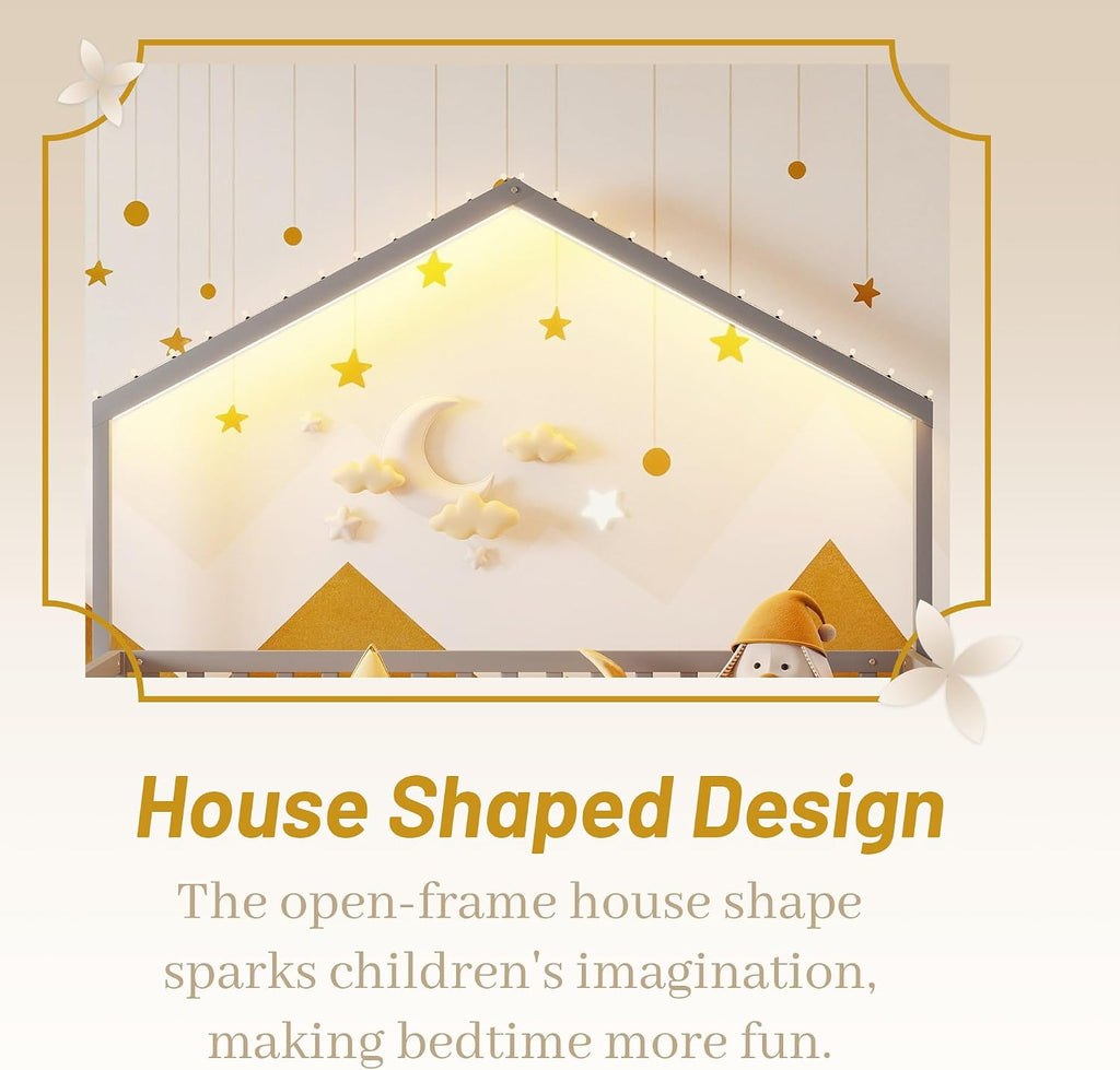 Twin Size House Bed for Kids, Low Profile Montessori Bed Twin with High Railings, Wood House Shape Montessori Beds with Light & Roof for Kids, Gray