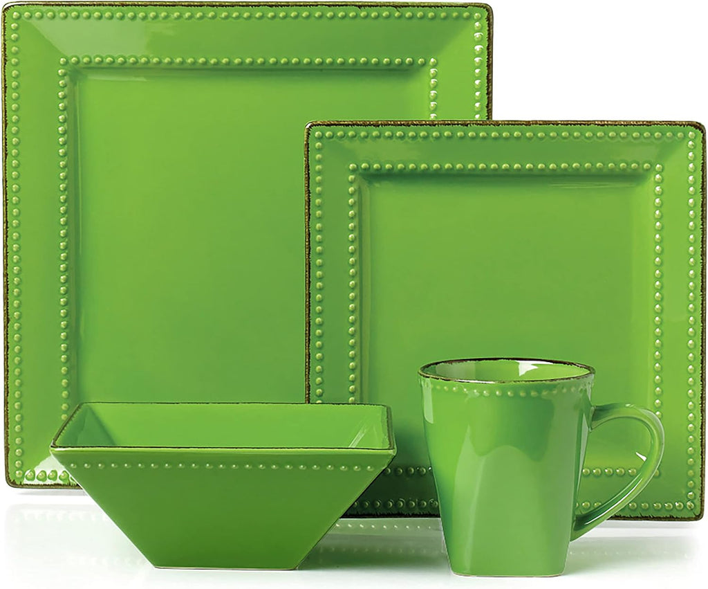 Stylish and Elegant 16 Piece Square Beaded Stoneware Dinnerware set Service for Hosting Parties and Events - Green, 16 Piece, Square Beaded