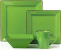 Stylish and Elegant 16 Piece Square Beaded Stoneware Dinnerware set Service for Hosting Parties and Events - Green, 16 Piece, Square Beaded