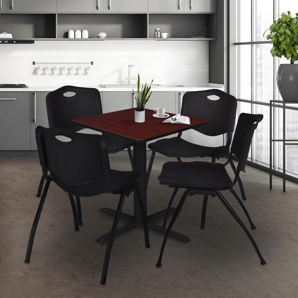 Regency Cain Small 30 in. Square X-Base Breakroom Table- Mahogany & 4 M Stack Chairs- Black