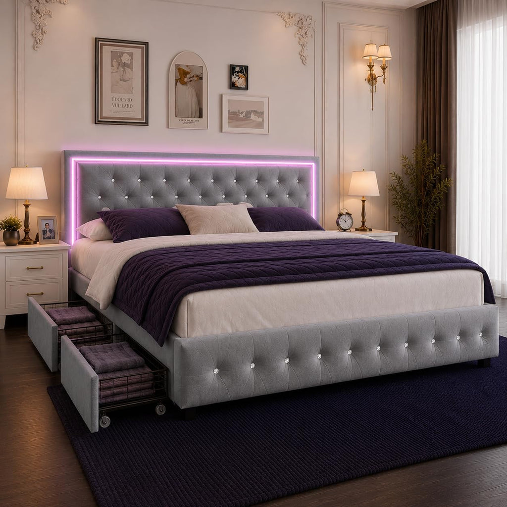 King LED Bed Frame with 4 Storage Drawers Adjustable Headboard with Smart Control RGBW LED, Whisper-Quiet Design, Upholstered Bed Wood Slats Support, No Box Spring Needed, Velvet Grey