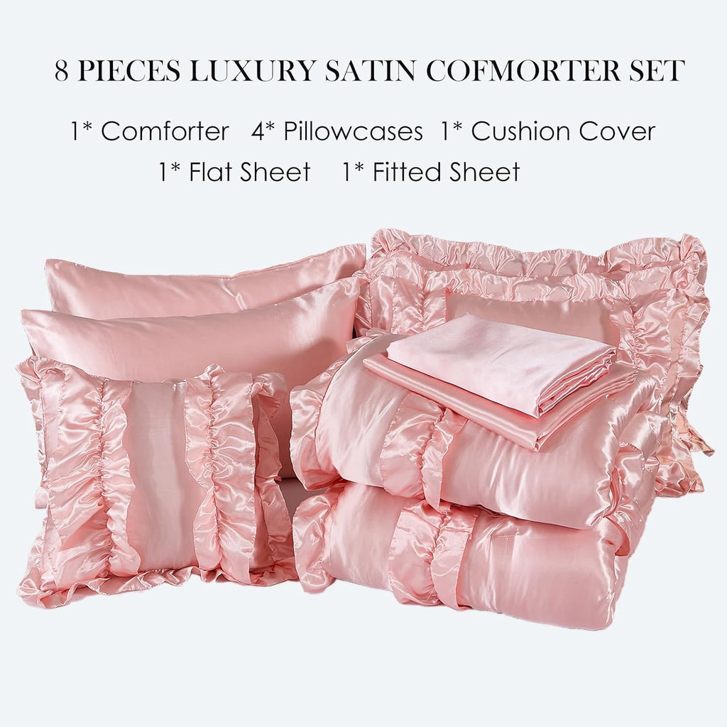 MOVE OVER Satin Comforter King Size 8 Pieces Pink Silky Satin Comforter Set with Sheet Set Luxurious Pink Ruffled Bedding Comforter Set Super Silky Soft Silk Like Satin Bed Set for All Season