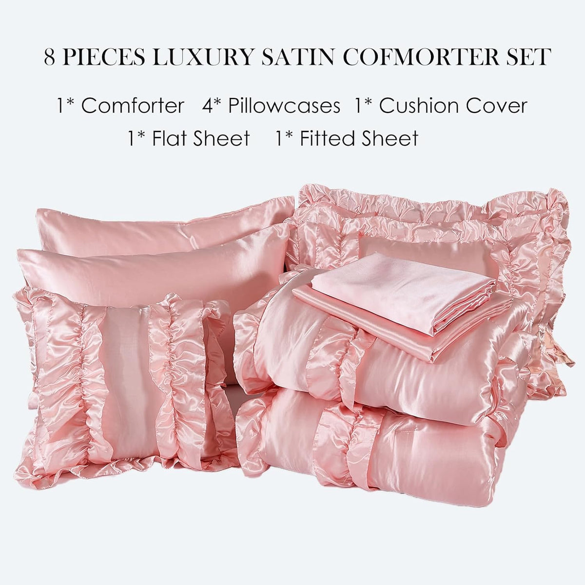 MOVE OVER Satin Comforter King Size 8 Pieces Pink Silky Satin Comforter Set with Sheet Set Luxurious Pink Ruffled Bedding Comforter Set Super Silky Soft Silk Like Satin Bed Set for All Season