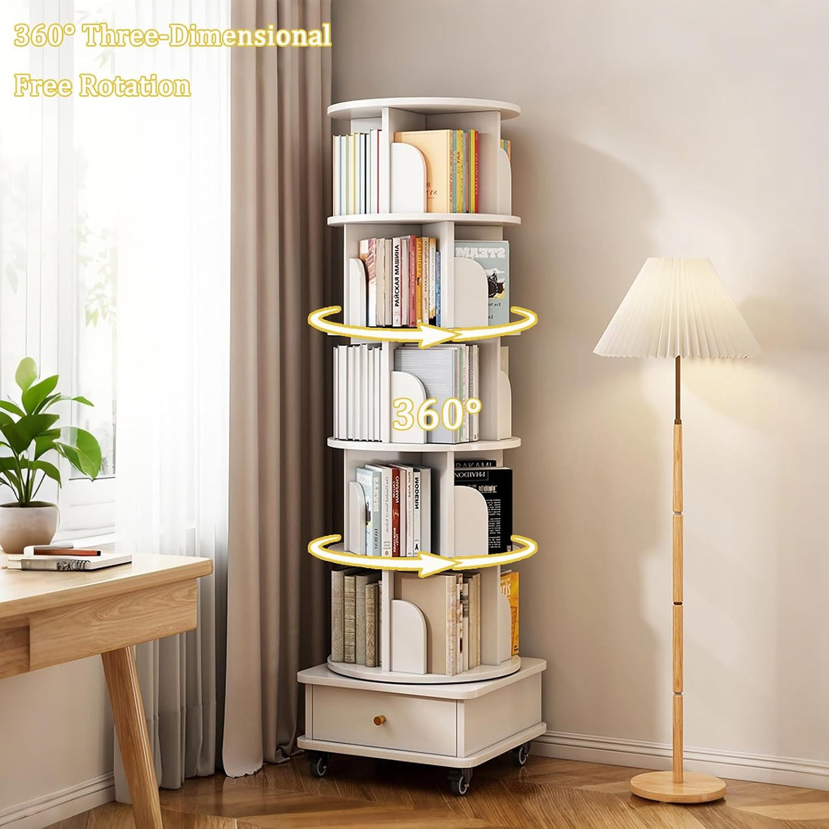 KEIKI 6-Tier Rotating Tower Spinning Bookshelf with 360°Swivel Wheels & Square Storage Drawer Base,Narrow Rolling Bookcase for Small Space,Corner,Bedroom,Office,White