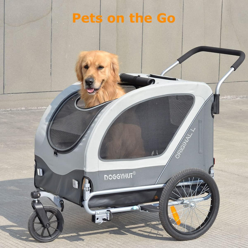 Doggyhut Original Large Pet Bike Trailer & Stroller 2-in-1,for Dogs up to 78 lbs,Parking Brakes,Easy Folding Cart Frame, Quick Release Wheel, Universal Bicycle Coupler (Gray)
