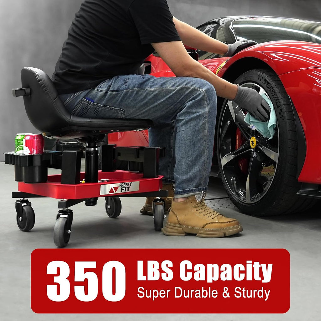 Rolling Shop Stool with Wheels, Adjustable Garage Mechanic Stool Seat Shop Roller Work Chair Mobile Rolling Seat with Tool Tray, 2 Cup Holders, 4' Casters, 350 LBS, Heavy-Duty, Red