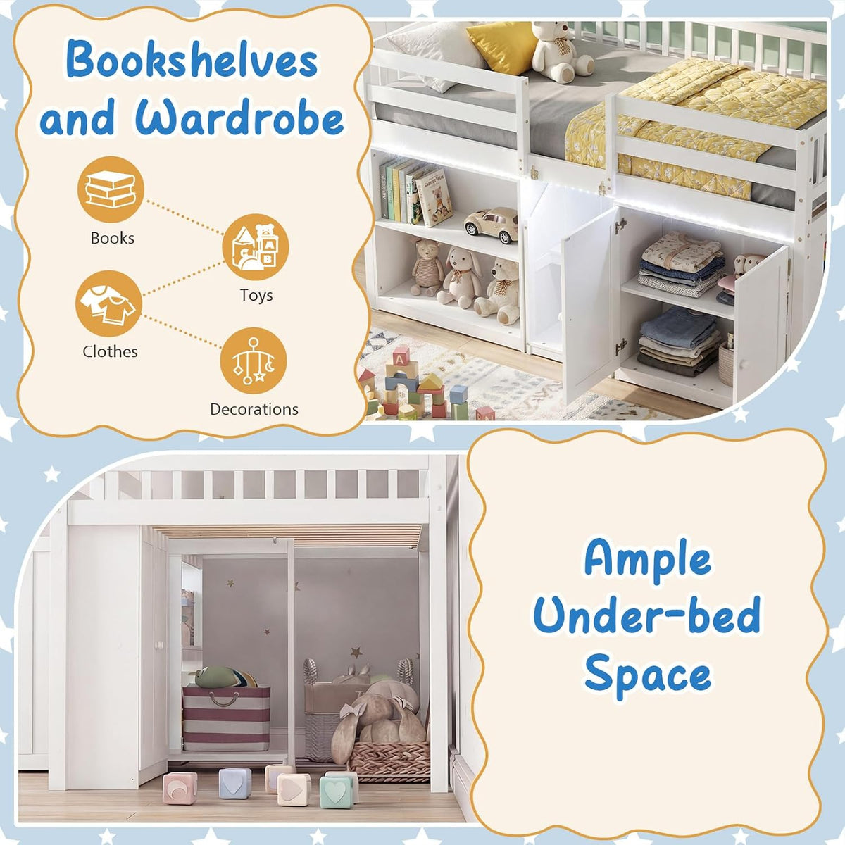 Giantex Low Loft Bed Twin Size with LED Lights, Wooden Bed Frame w/Stairs, Safety Guardrails, Storage Cabinet, Bookshelf & Under-Bed Play Space, Modern Kids Loft Bed for Boys Girls (White)