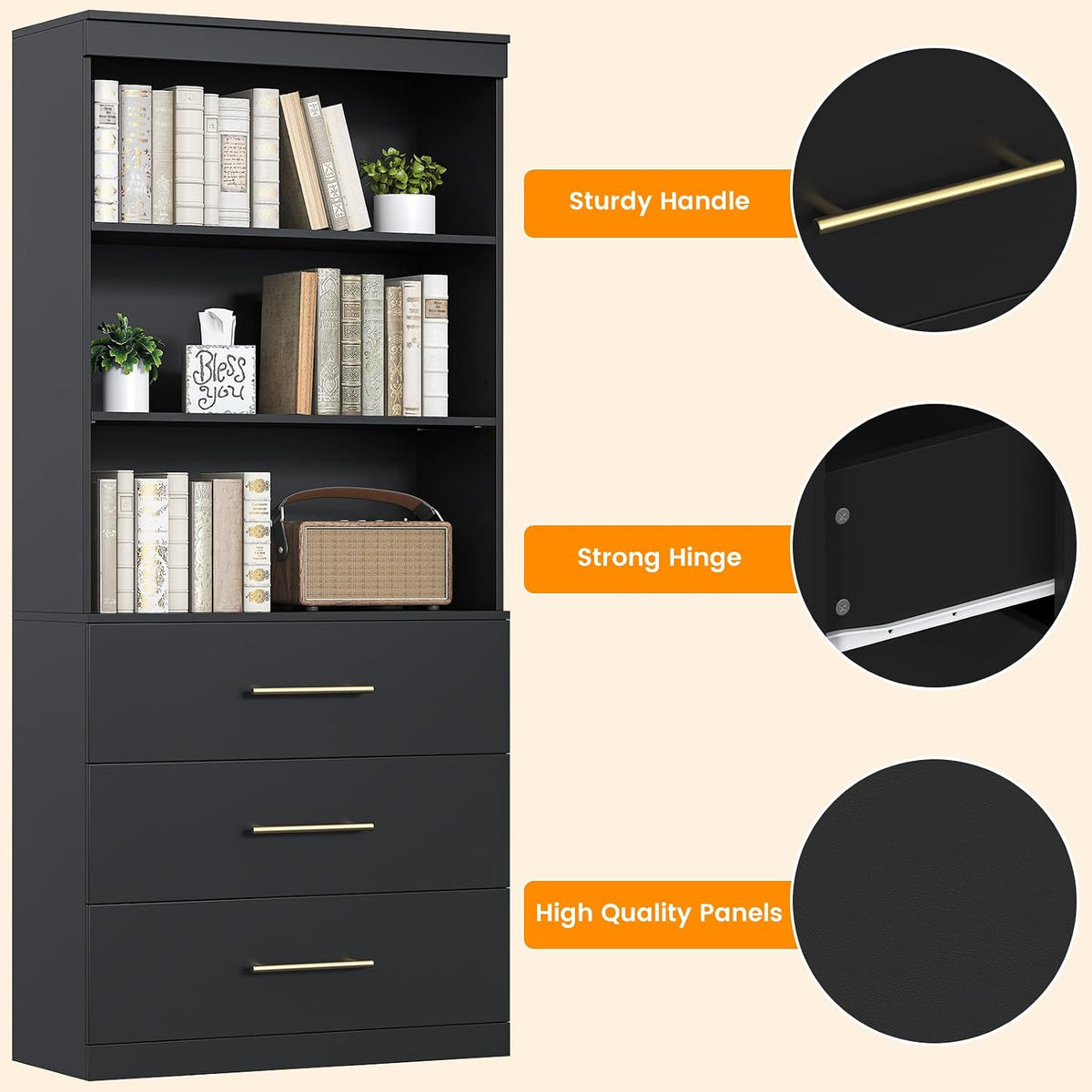 Winkalon 71' Tall Black Bookshelf with Drawers, Bookcase and Bookshelf with 3-Tier Open Shelves, Tall Bookcase Tall Storage Cabinet for Home Office Living Room, 13.8' D x 31.5' W x 71' H