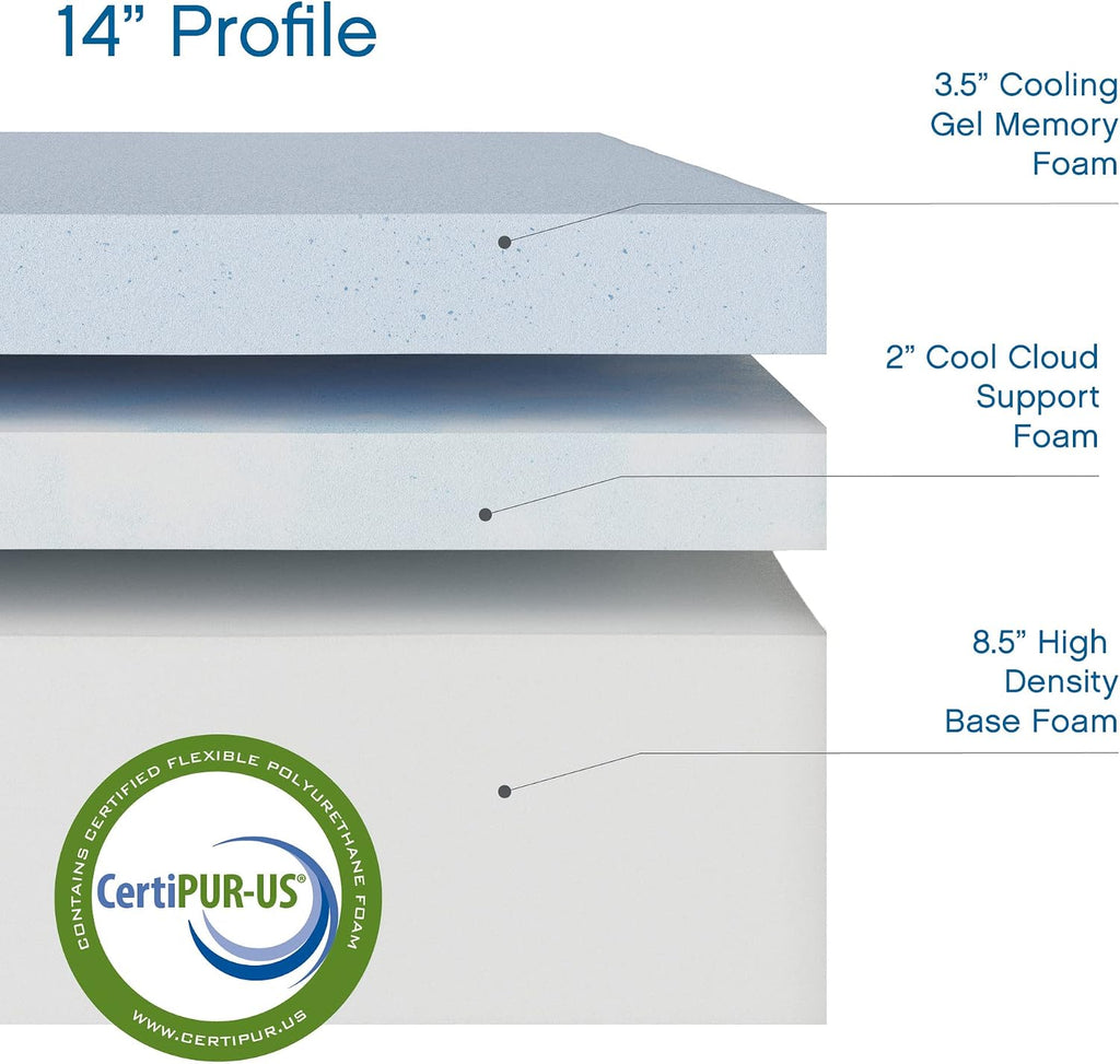COOL GEL Chill Memory Foam 14-Inch Mattress with Pillow, CertiPUR-US Certified, Mattress in a Box, Twin, White