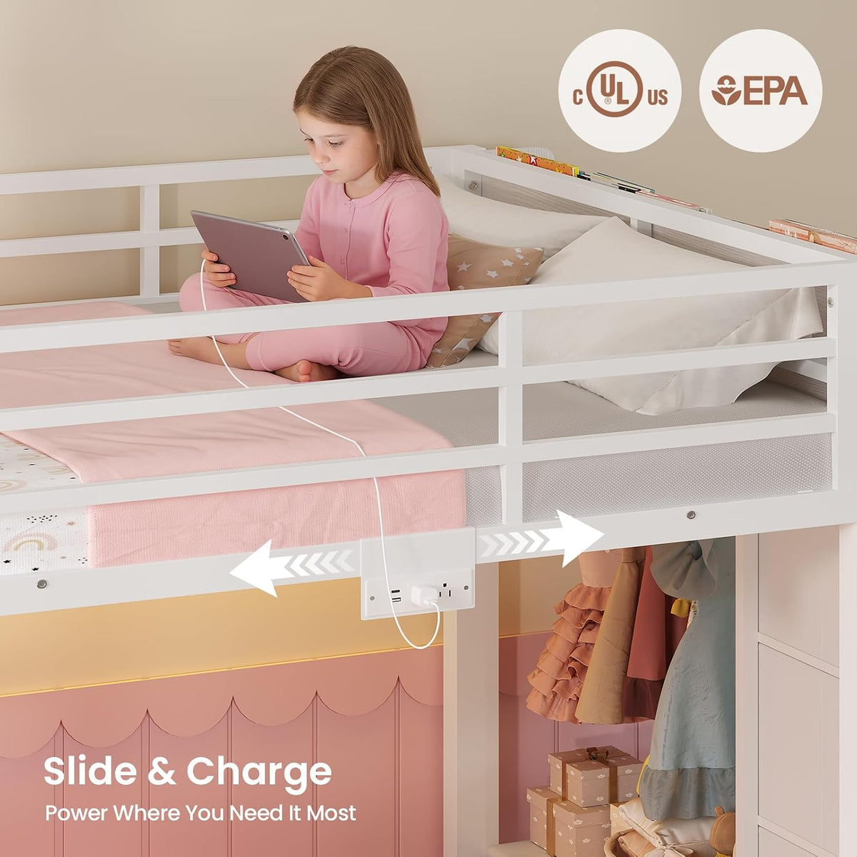 ADORNEVE Low Bunk Bed Twin Over Twin with Bookshelf, 4 Storage Drawers, Metal Kids Bunk Bed with Power Outlet & RGB Lights, Clothing Rack & Shelves, Safety Guardrail & Ladder, White