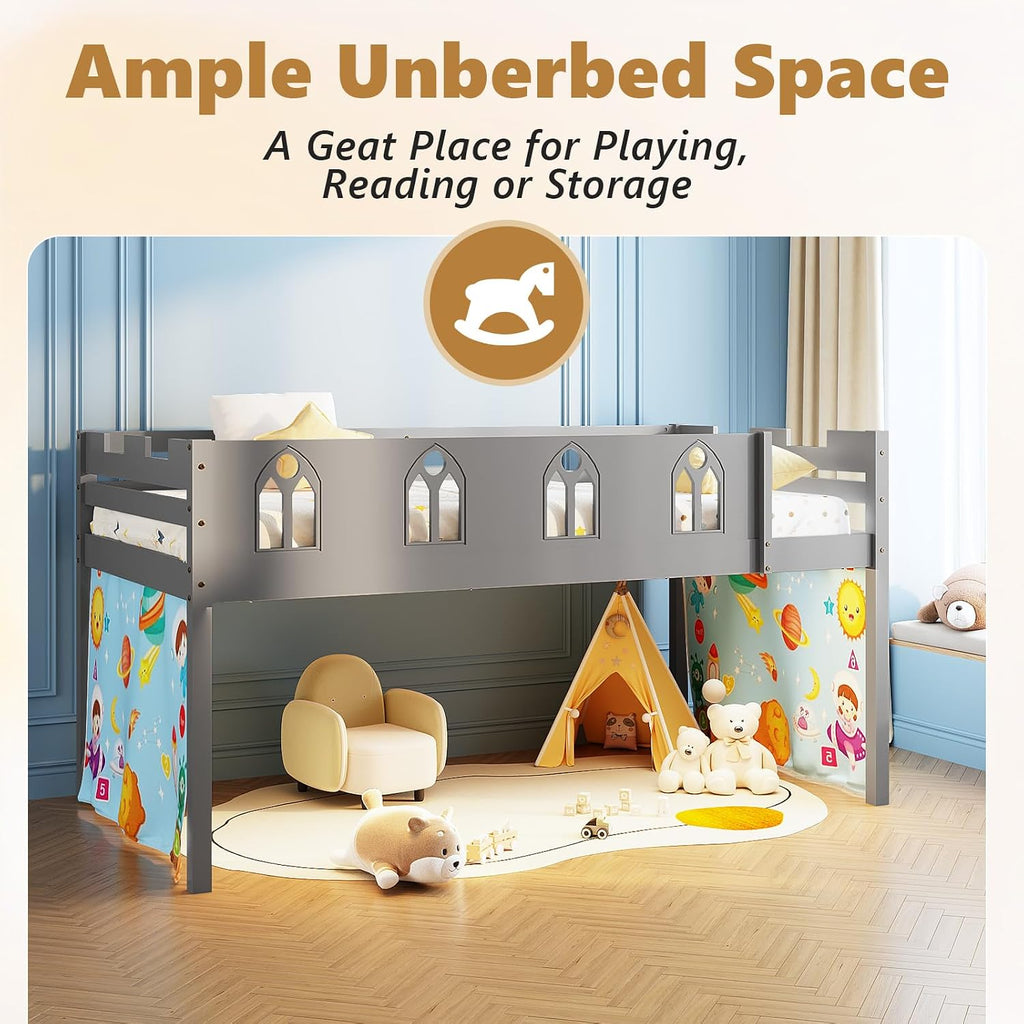 JOYMOR Low Loft Bed with LED Lights, Twin Loft Bed with Stairs, Safety Guardrail, Curtain, Wooden Bed Frame for Kids with Storage Bookcase and Under-Bed Play Space (Gray)